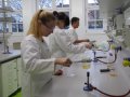 Mehrere Personen in weißen Kitteln stehen hinter Tischen in Labor